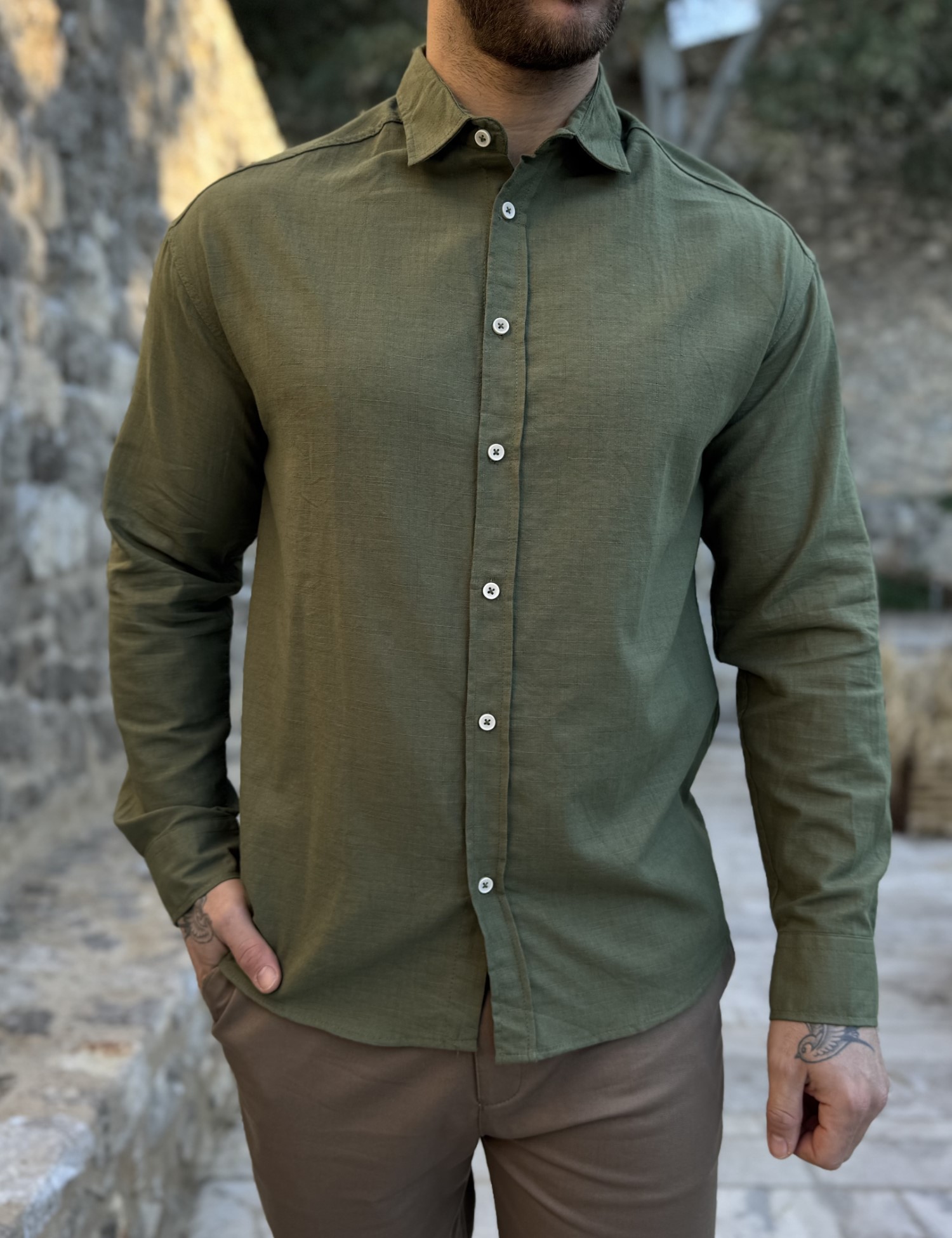 RMZ Ανδρικό χακί μακρυμάνικο πουκάμισο RMZ19140X